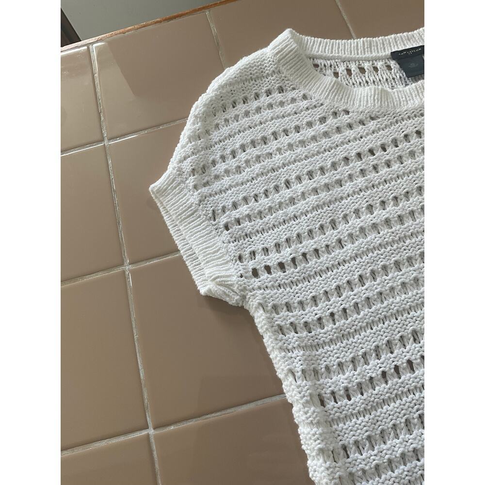 Ann Taylor White Linen Blend Open-Knit Short-Sleeve Sweater Ribbed Hem Size XL - Picture 3 of 5